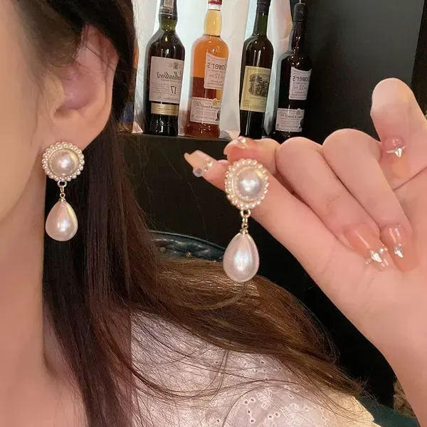 White_Pearl_Teardrop_Dangle_Round_Stud_Earrings_For_Women