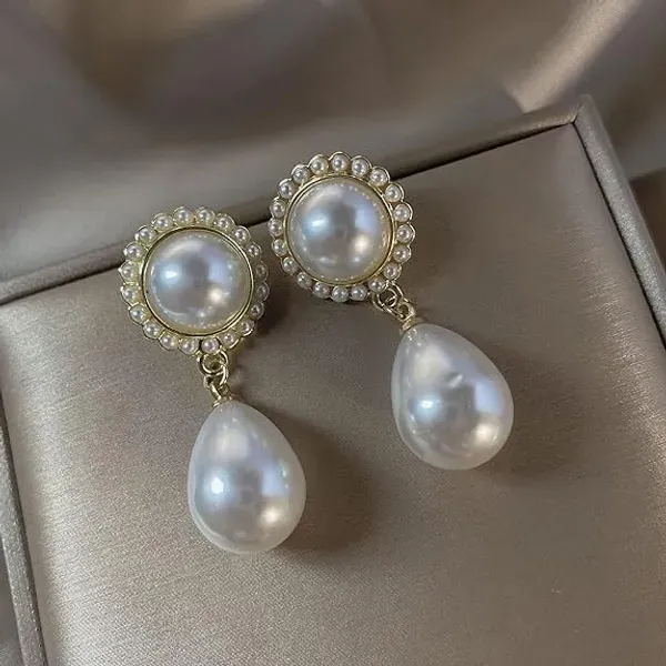 White_Pearl_Teardrop_Dangle_Round_Stud_Earrings_For_Women
