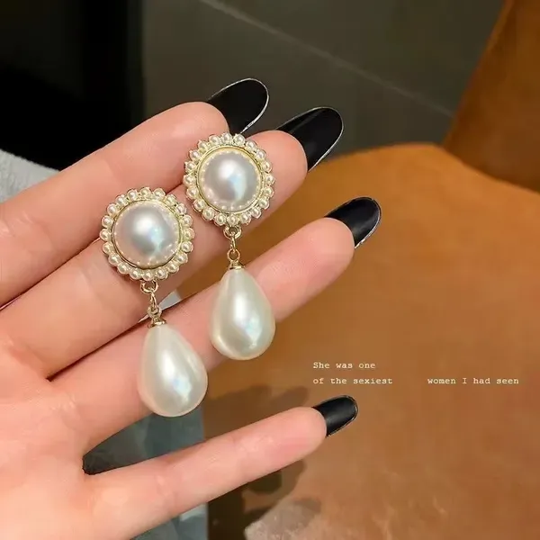 White_Pearl_Teardrop_Dangle_Round_Stud_Earrings_For_Women
