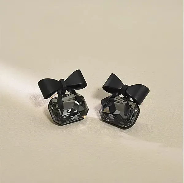 Black_Faux_Pearl_Crystal_Bow_Design_Stud_Earrings_For_Women
