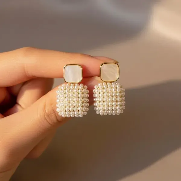 Pearl_Gold_Tone_Metal_Cluster_Square_Drop_Stud_Earrings_For_Women