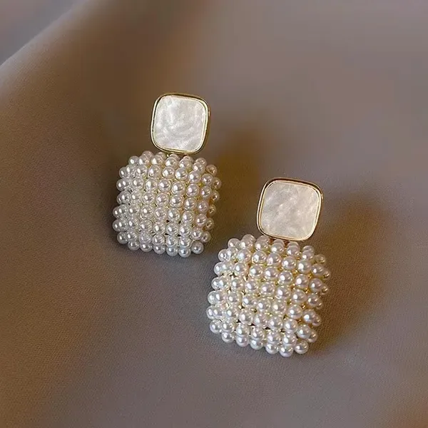 Pearl_Gold_Tone_Metal_Cluster_Square_Drop_Stud_Earrings_For_Women