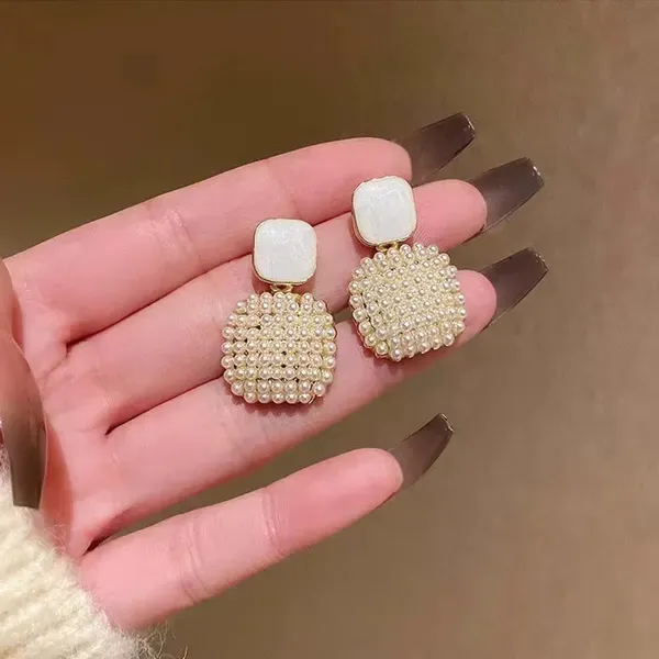 Pearl_Gold_Tone_Metal_Cluster_Square_Drop_Stud_Earrings_For_Women