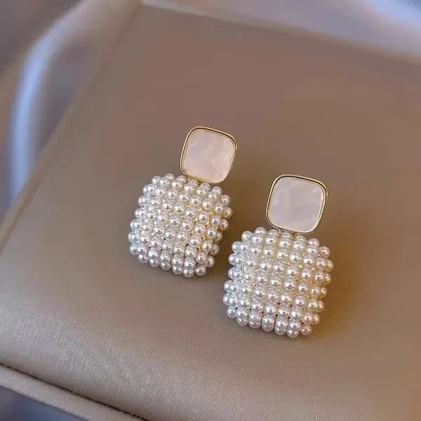Pearl_Gold_Tone_Metal_Cluster_Square_Drop_Stud_Earrings_For_Women