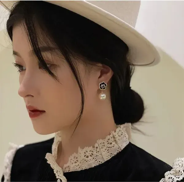 Black_Gold_Plated_Metal_Camellia_Crystal_Stud_Drop_Earrings_For_Women