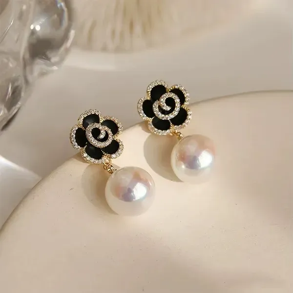 Black_Gold_Plated_Metal_Camellia_Crystal_Stud_Drop_Earrings_For_Women