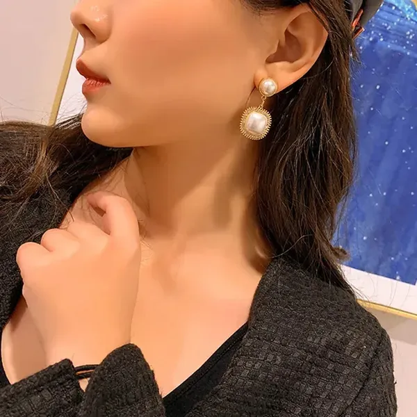 Gold_Plated_Metal_Square_Pendant_Pearl_Dangle_Stud_Earrings_For_Women