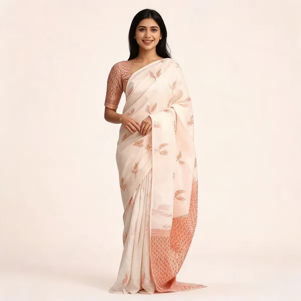 Cream_&_Pink_Soft_Litchi_Silk_Saree_For_Women