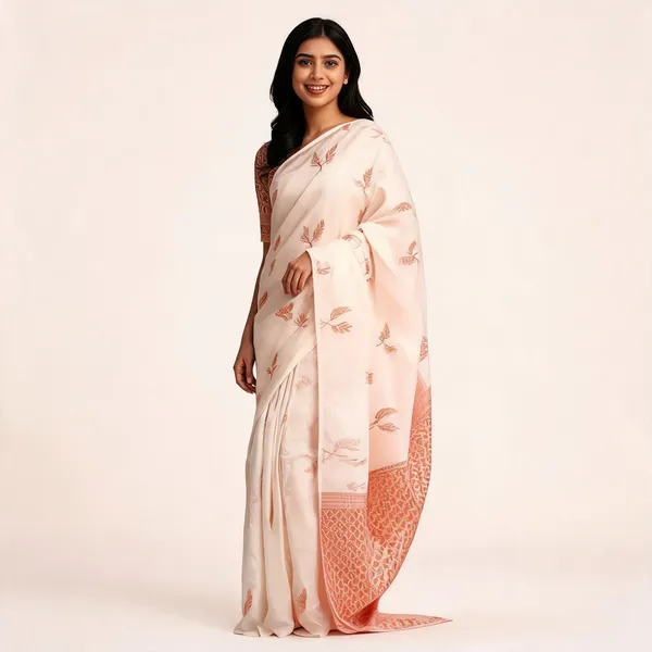 Cream_&_Pink_Soft_Litchi_Silk_Saree_For_Women