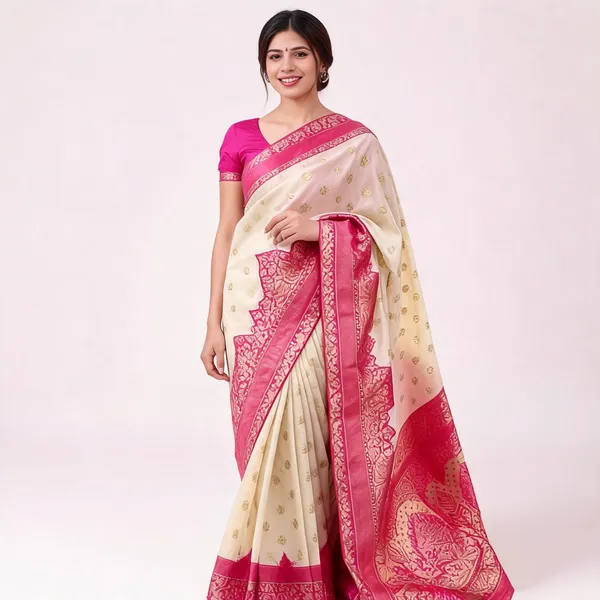 Cream_&_Pink_Soft_Litchi_Silk_Saree_For_Women