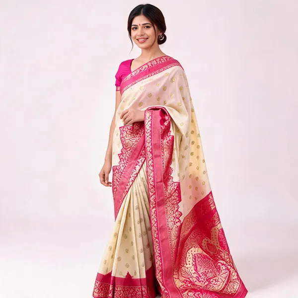 Cream_&_Pink_Soft_Litchi_Silk_Saree_For_Women