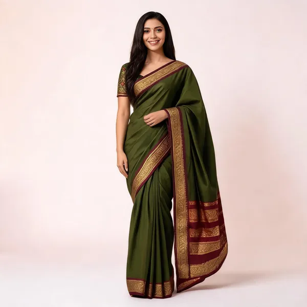 Olive_Green_Soft_Litchi_Silk_Saree_For_Women