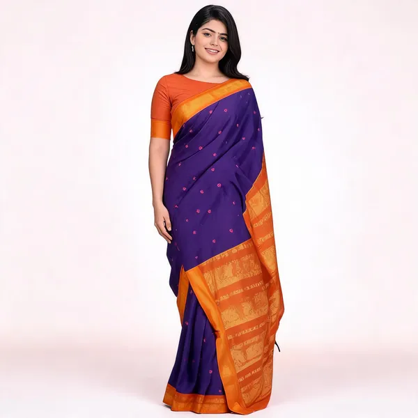Blue_&_Orange_Soft_Litchi_Silk_Saree_For_Women