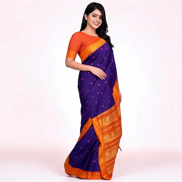 Blue_&_Orange_Soft_Litchi_Silk_Saree_For_Women