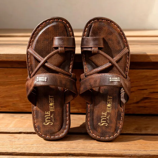 Beige_Synthetic_Leather_Sandals_For_Men