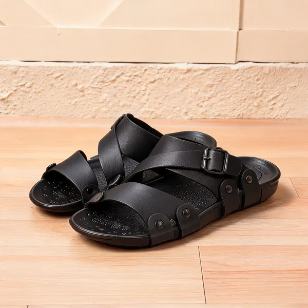 Black_Synthetic_Leather_Sandals_For_Men