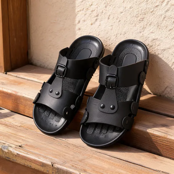 Black_Synthetic_Leather_Sandals_For_Men