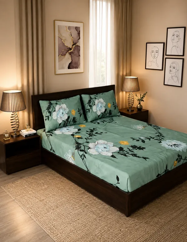 Cotton_Floral_Print_Green_Bedsheet_Set