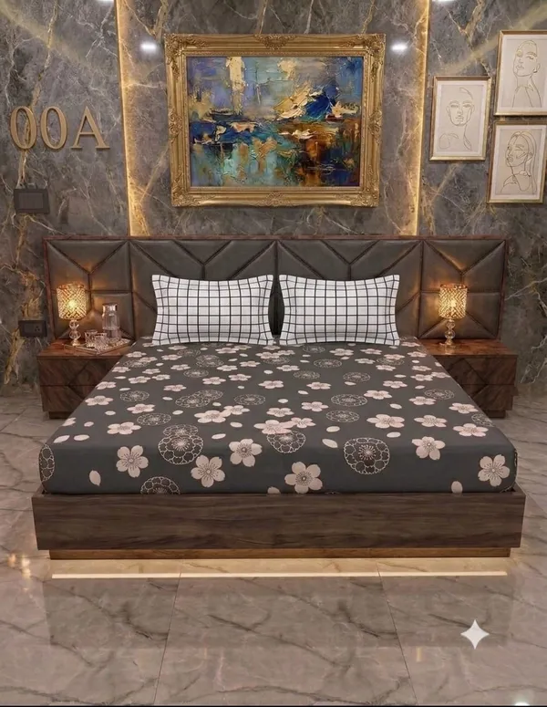 Floral_Print_Bedsheet_With_Grid_Pillow_Covers