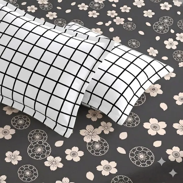 Floral_Print_Bedsheet_With_Grid_Pillow_Covers