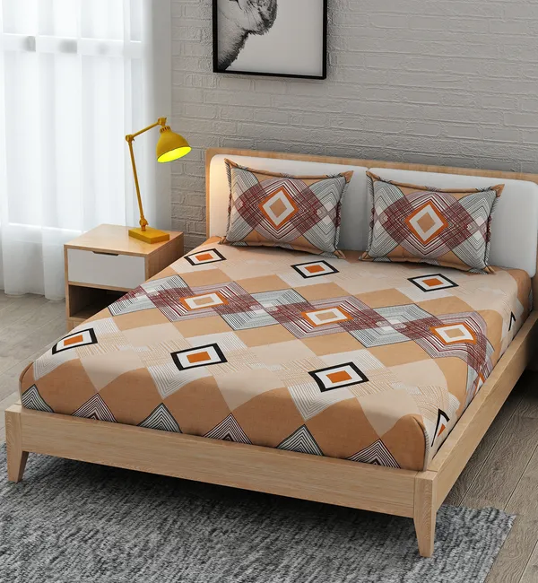 Polycotton_Floral_Print_Beige_And_Brown_Bedsheet_Set