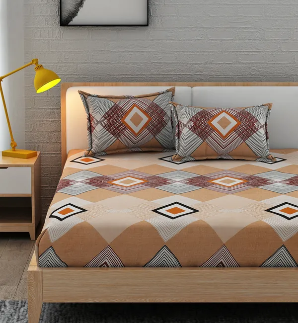 Polycotton_Floral_Print_Beige_And_Brown_Bedsheet_Set