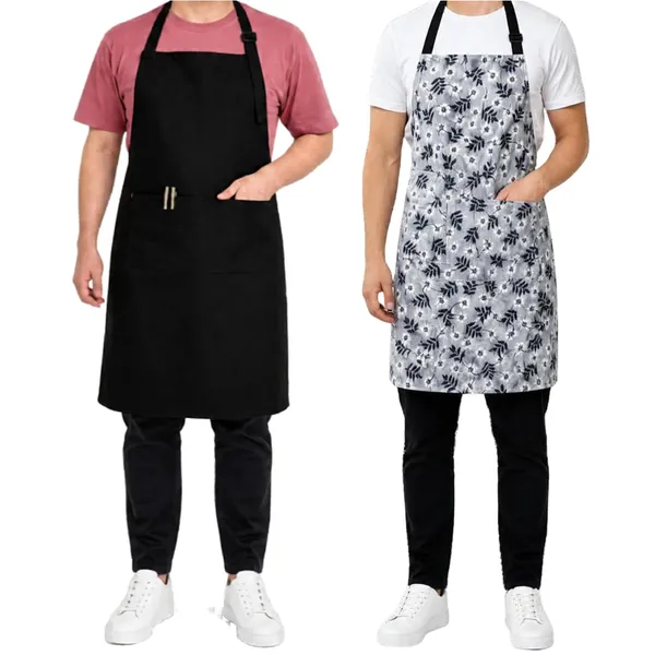 Unisex_Apron_Combo_Pack_Of_2_1_Black_Solid_1_Grey_Floral_Kitchen_Apron_With_Adjustable_Neck_Strap_2_Front_Pocket_Cooking_Baking_Bbq_Gardening_Cafe_Use