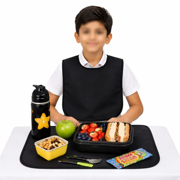 Kids_School_Lunch_Apron_&_Table_Mat_Set,_Waterproof_Reusable_Dining_Protector_for_Boys_&_Girls,_Wearable_Bib_with_Large_Table_Cover,_Black__PACK_OF_2