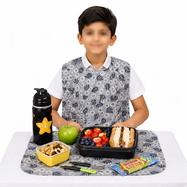 Kids_Waterproof_Lunch_Apron_&_Table_Mat_Combo_|_Reusable_Dining_Bib_for_Boys_&_Girls_|_Spill_Resistant_|_Grey_Flora