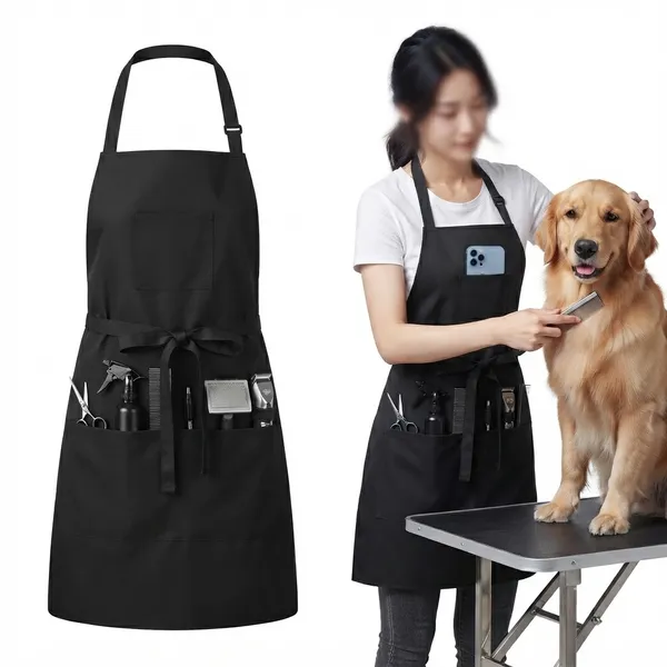 LOOMCRA_Professional_Pet_Grooming_Apron_for_Men_&_Women_|_Black_Groomer_Apron_with_Adjustable_Neck_Strap,_Waist_Tie_&_Multiple_Tool_Pockets_|_Dog_&_Cat_Grooming_Work_Apron
