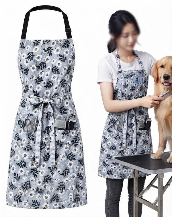 LOOMCRA_Professional_Pet_Grooming_Apron_for_Men_&_Women_|_Grey_Floral_Groomer_Apron_with_Adjustable_Neck_Strap,_Waist_Tie_&_Multiple_Tool_Pockets_|_Dog_&_Cat_Grooming_Work_Apron