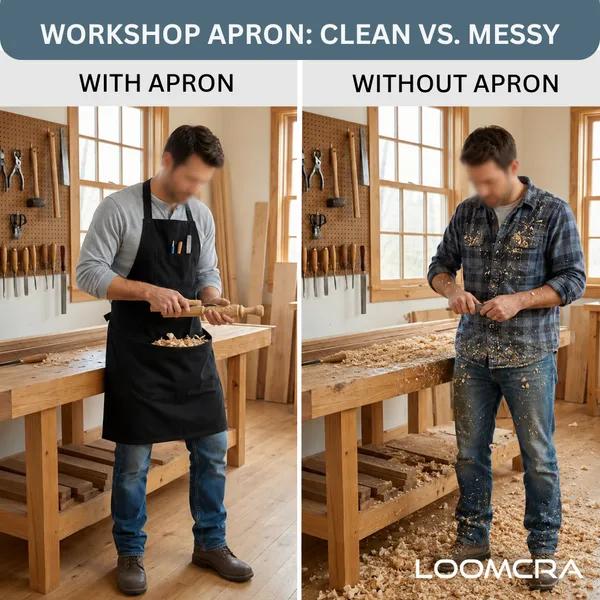 Loomcra_Black_Woodworking_Apron_With_Large_Catch-All_Pouch_|_Wood_Carving_&_Carpenter_Apron_For_Men_&_Women_|_Shaving_Collection_Apron_For_Diy,_Crafting_&_Woodworking