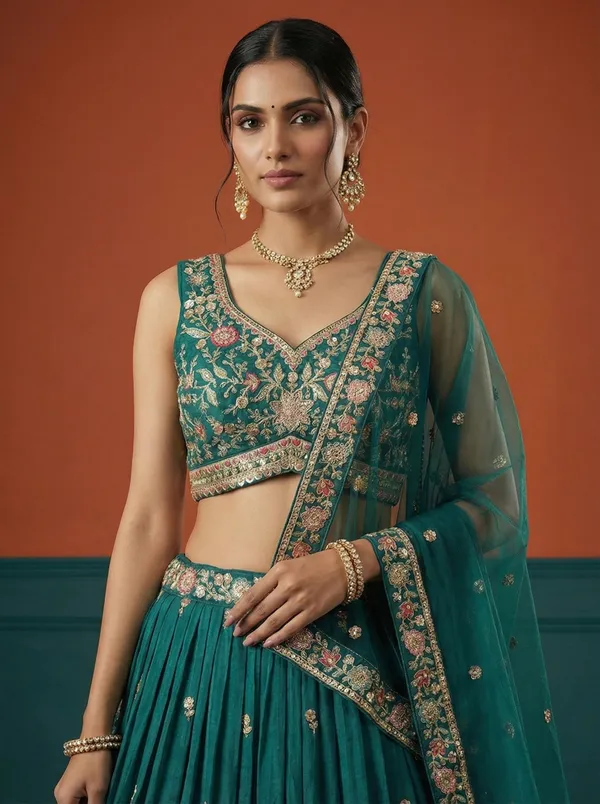 Teal_Embroidered_Lehenga_Choli_Set_for_Women