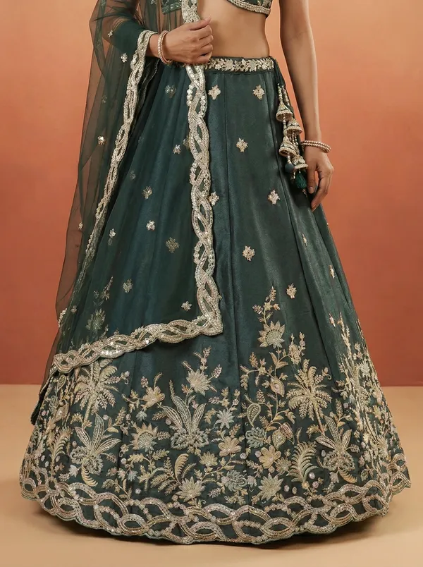 Dark_Green_Embroidered_Lehenga_Choli_Set_for_Women