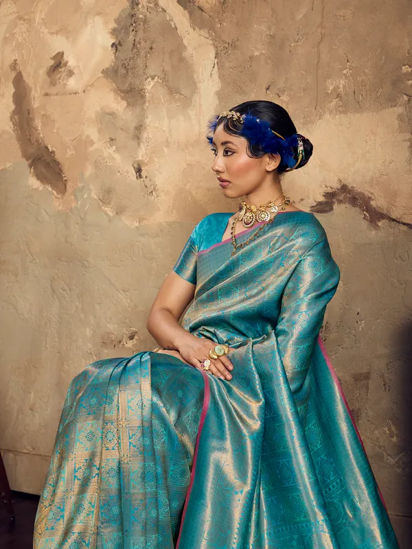 Teal_Brocade_Saree_for_Women