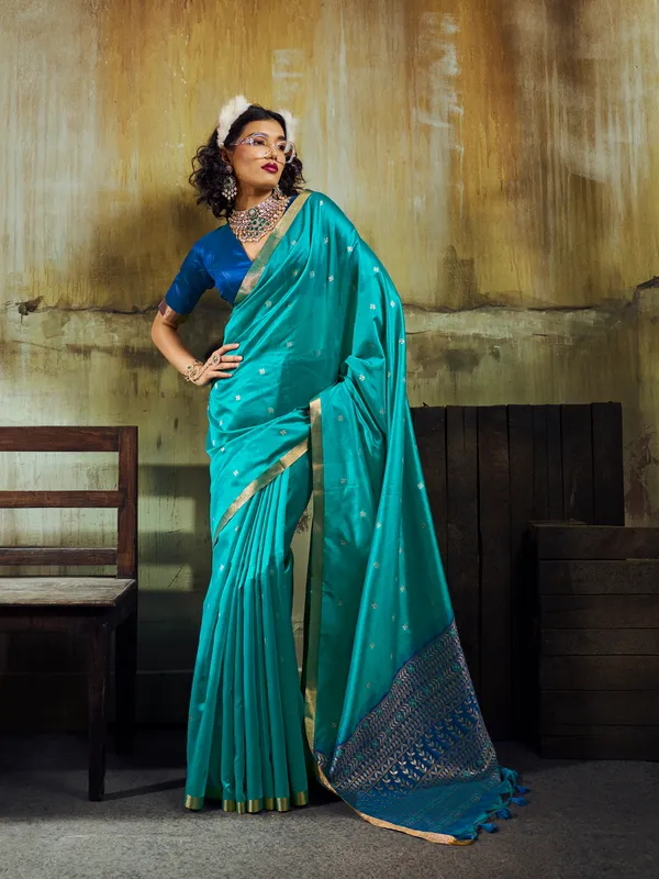 Teal_Woven_Saree_With_Blue_Blouse_for_Women
