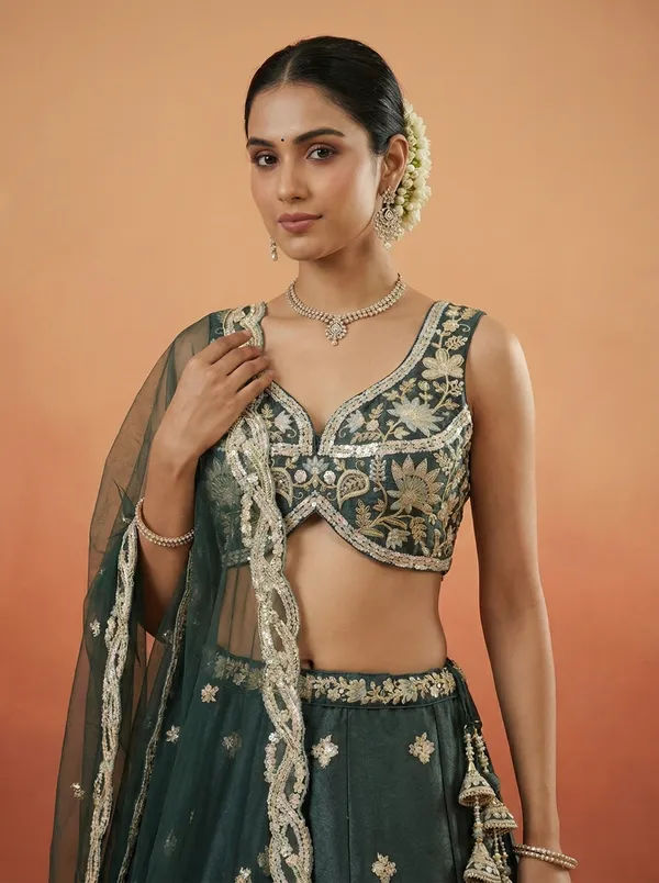 Dark_Green_Embroidered_Lehenga_Choli_Set_for_Women
