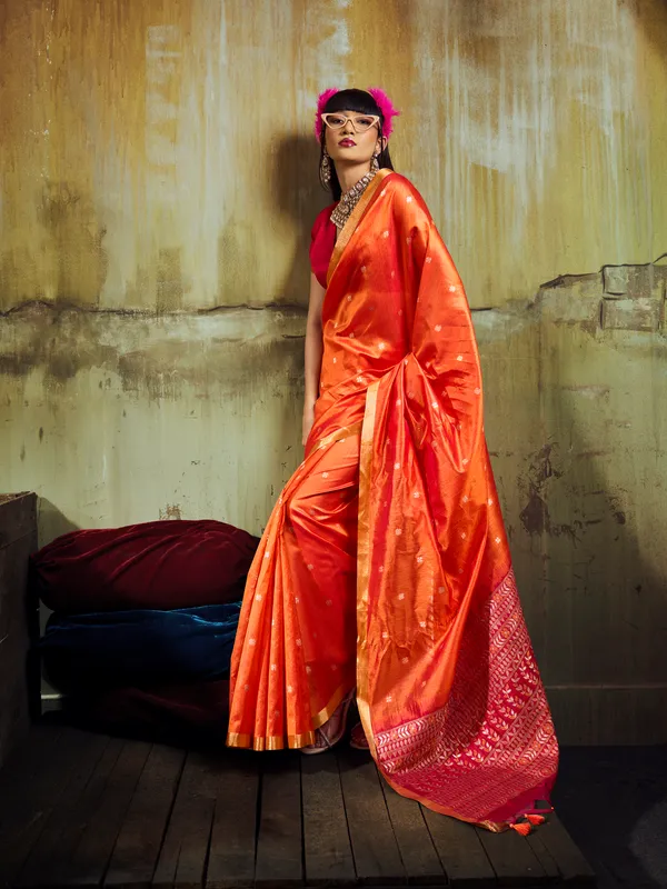 Orange_Satin_Finish_Saree_Set_for_Women