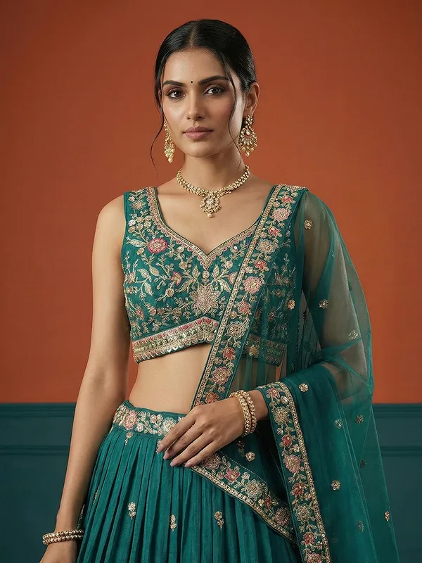 Teal_Embroidered_Flared_Lehenga_Choli_for_Women