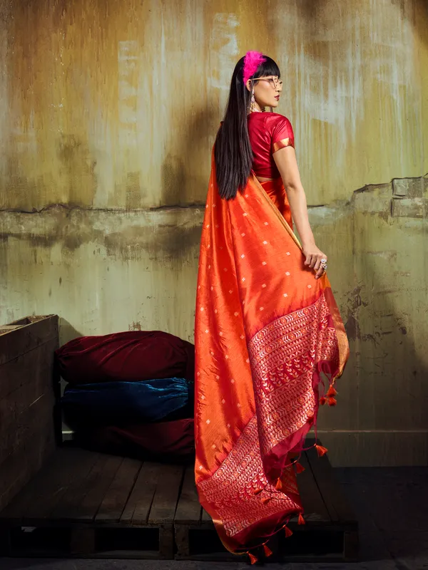 Orange_Satin_Finish_Saree_Set_for_Women