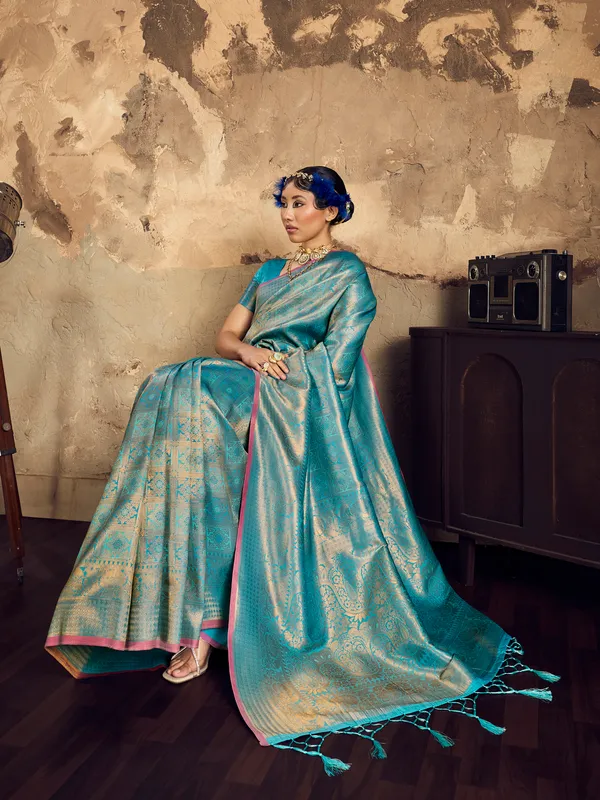 Teal_Brocade_Saree_for_Women
