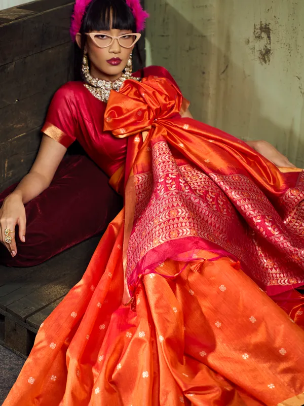 Orange_Satin_Finish_Saree_Set_for_Women
