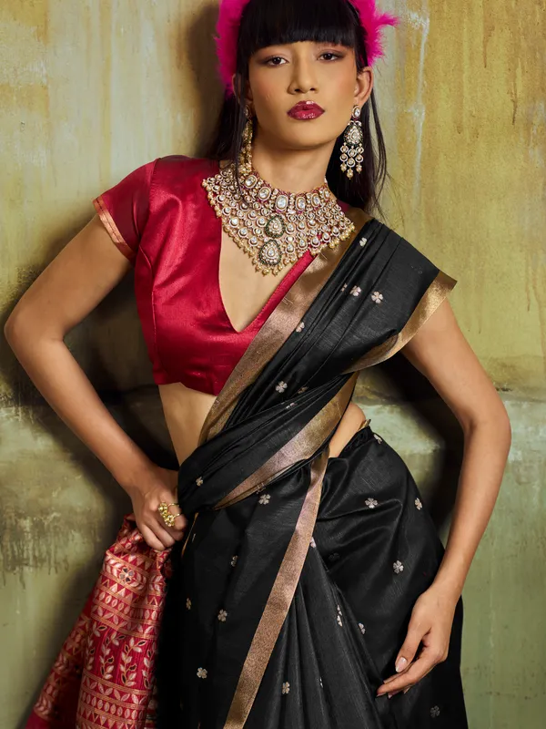Black_Saree_With_Red_Blouse_for_Women