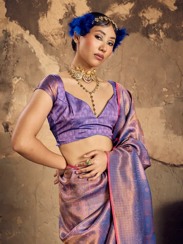 Purple_Patterned_Saree_Set_for_Women