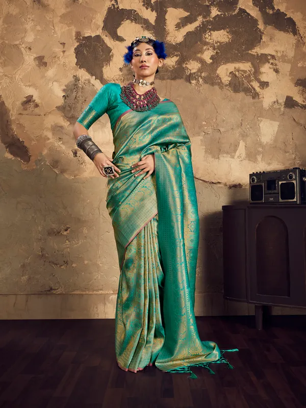 Teal_Green_Woven_Saree_for_Women