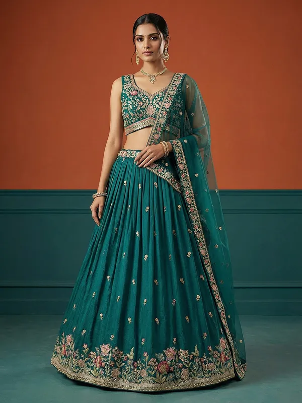 Teal_Embroidered_Flared_Lehenga_Choli_for_Women