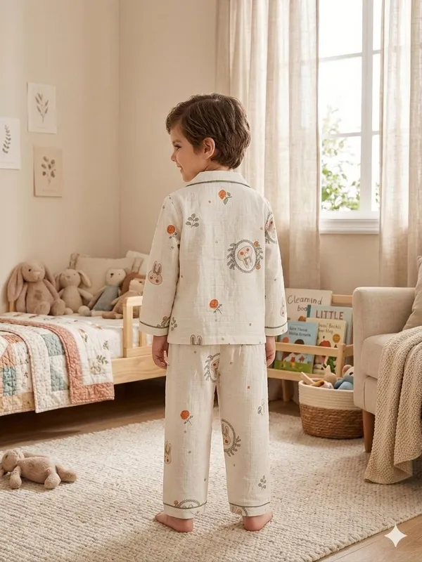 Cream_Muslin_Relaxed_Fit_Bunny_Floral_Print_Night_Suit_For_Kids