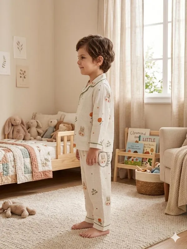 Cream_Muslin_Relaxed_Fit_Bunny_Floral_Print_Night_Suit_For_Kids