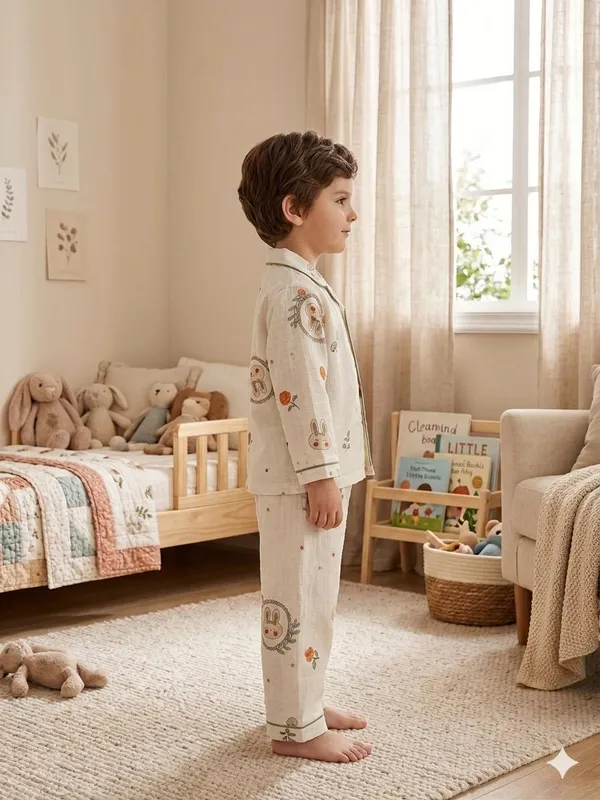 Cream_Muslin_Relaxed_Fit_Bunny_Floral_Print_Night_Suit_For_Kids