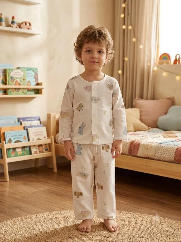 White_Muslin_Relaxed_Fit_Animal_Print_Night_Suit_For_Kids
